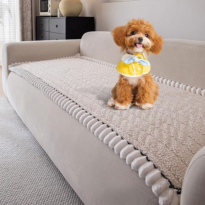 OTOB Couch Cover for Dogs Washable, Non Slip Plush Fuzzy Sofa Covers for 3 Cushion Couch All Seasons, Kids Pet Friendly Soft Cozy Furniture Protector Sofa Slipcovers (Beige, 27.6" x 82.7")