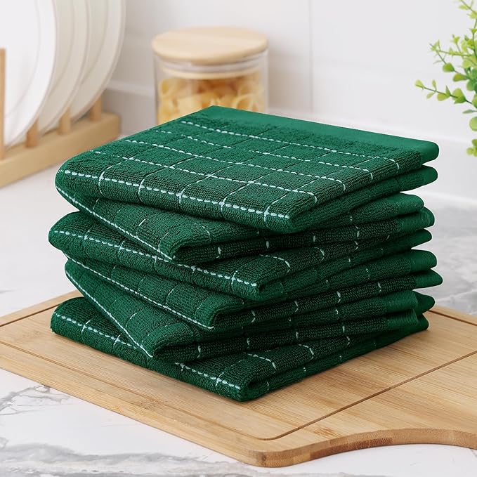 Homaxy 100% Cotton Terry Kitchen Towels(Dark Green, 13 x 28 inches), Checkered Designed, Soft and Super Absorbent Dish Towels, 6 Pack