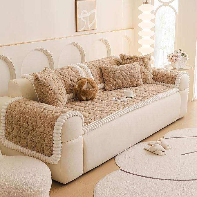 OTOB Couch Cover for Dogs Washable Pet Friendly, Non Slip Plush Funny Fuzzy Loveseat Sofa Cushion Slipcovers, All Seasons Geometric Jacquard Soft & Cozy Pet Bed Mat Protector (Coffee, 27.6" x 47.2")