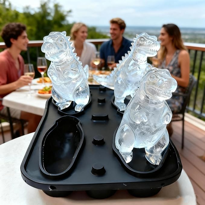 7.48inch Newly Upgraded 4-grid 3D Dinosaur Ice Tray and Covered Silicone Ice Tray, Suitable for Bars, Outdoor and Home Use (1, blue)