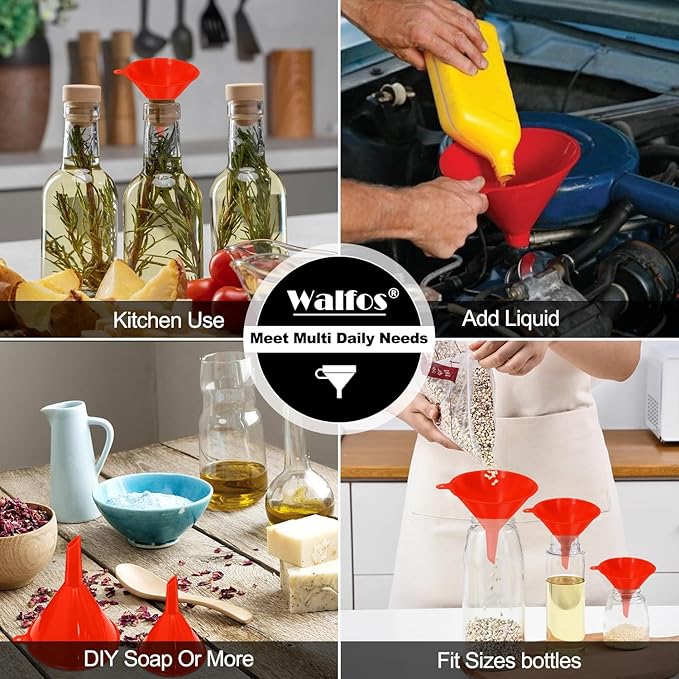 walfos 4pcs Kitchen Plastic Funnel (NO BPA),Automotive Funnel for Liquid Transfer,funnels for Filling Bottles, containers or Kitchen funnels for Laboratory use. red(4.7in&3.7in&2.7in&2in
