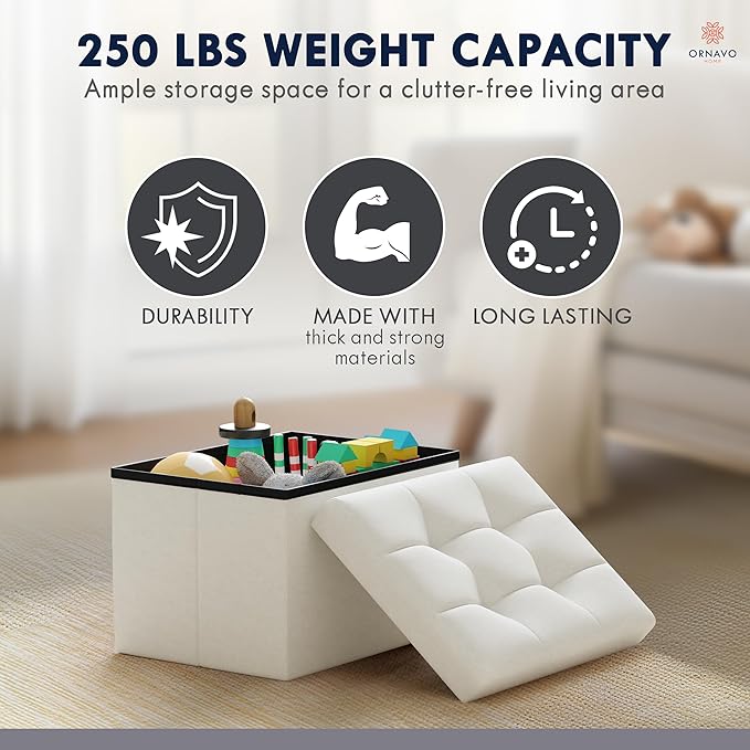 Ornavo Home Small Storage Ottoman Foldable Collapsible Rectangle Linen Ottoman Foot Rest Stool Seat, for Living Room, Bedroom, Home Office, Dorm - 12 x 16 x 12, White