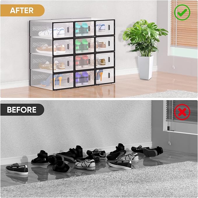 BALEINE 12 Pack Stackable Shoe Storage Boxes Fit Size 11, Thickened Clear Shoe Box Bins with Lids, Plastic Foldable Organizer Sneaker Storage Containers (X-Large, White)