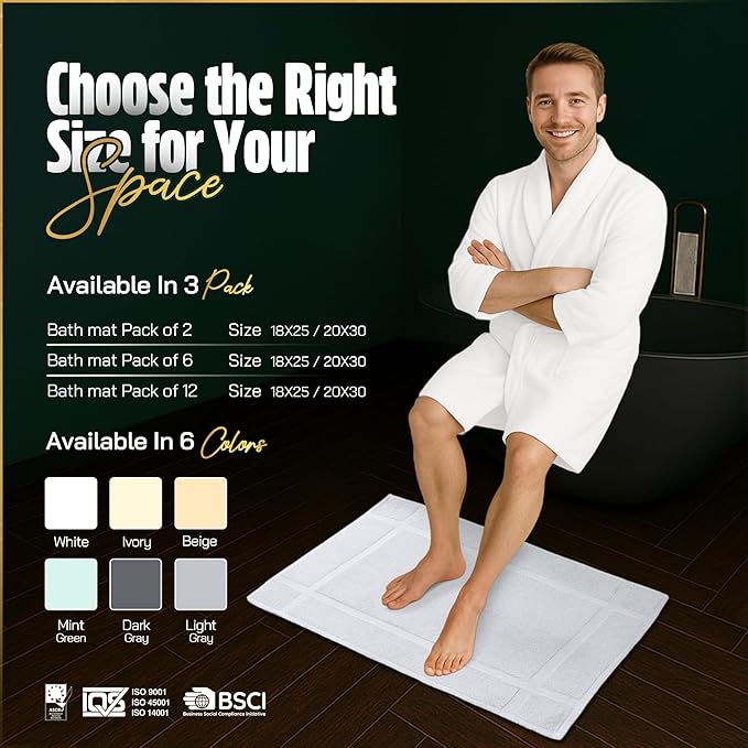 Pearl Linens Pack of 12 100% Cotton Bath Mat 20x30 inches, Soft & Absorbent Quick Dry Bathroom Mat Set, Not Bathroom Rugs, After Shower Mat, Bath Tub Mat, 687 GSM, Machine Washable, White