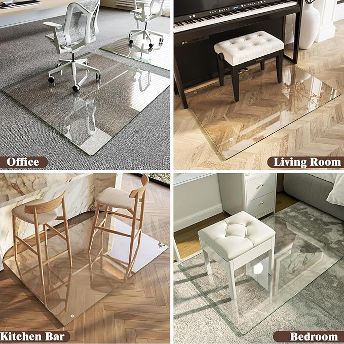 Koonmi Tempered Glass Chair Mat 30"x48" - Premium Office Chair Mat for Hardwood Floors & Low-Pile Carpet with 4 Non-Slip Pads - Thick Scratch-Resistant Surface