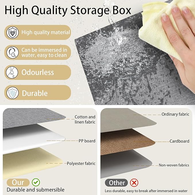 Yawinhe Foldable Storage Baskets for Shelves, Fabric Closet Organizers, Bins with 3 Handles, Cubes for Clothes, White/Grey, 15''Lx9.8''Wx8.3''H, 6-Pack