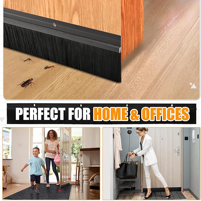 Premium 2 Pack Door Sweep for Bottom โ Metal Gap Filler Draft Blocker, Weather Stripping Threshold Seal, Brush Weather Storm Soundproofing Rodent Guard Excluder Strip, Rain Drip Draft Stopper