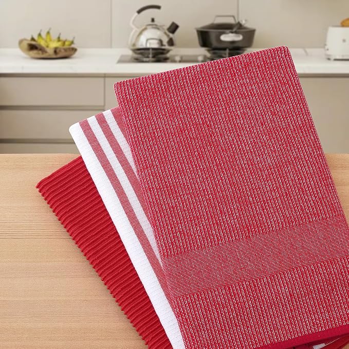 Homaxy Premium Kitchen Towels(18”x 28”, 6 Pack), Large Cotton 380 GSM Kitchen Hand Towels, Soft and Absorbent Terry Dish Towels, Multipurpose Tea Towel Set with Hanging Loop, Red