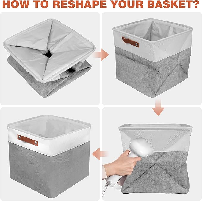11in Open Fabric Storage Basket with Leather Handles for Organizing, Collapsible Linen Closet Bins for Shelves, Closets, Laundry, Decorative Basket for Gifts. (White&Gray, 3PCS/11x11in)