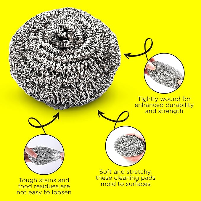 12Pcs Simba Stainless Steel Wool Scrubber Pads for Cleaning Pans, Pots, Dishes, Ovens, Grills, Sinks, Bathroom and Kitchen, Scourer 12 Pack
