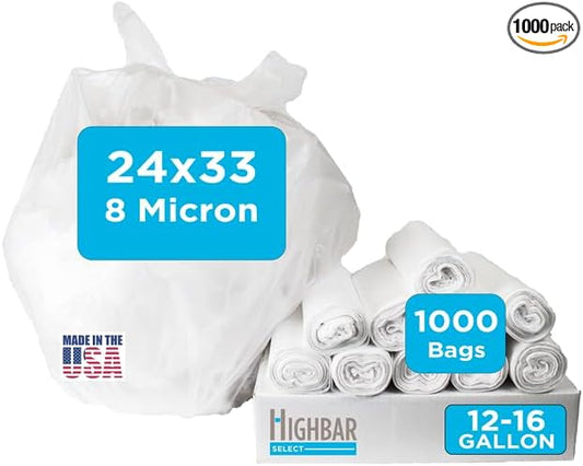 16 Gallon Trash Bags - 8 micron, 1000 Per Case, 24" x 33", 20 Rolls of 50, High Density Clear Trash Can Liners, Ideal for Small Wastebaskets in Office, and Bathroom Use
