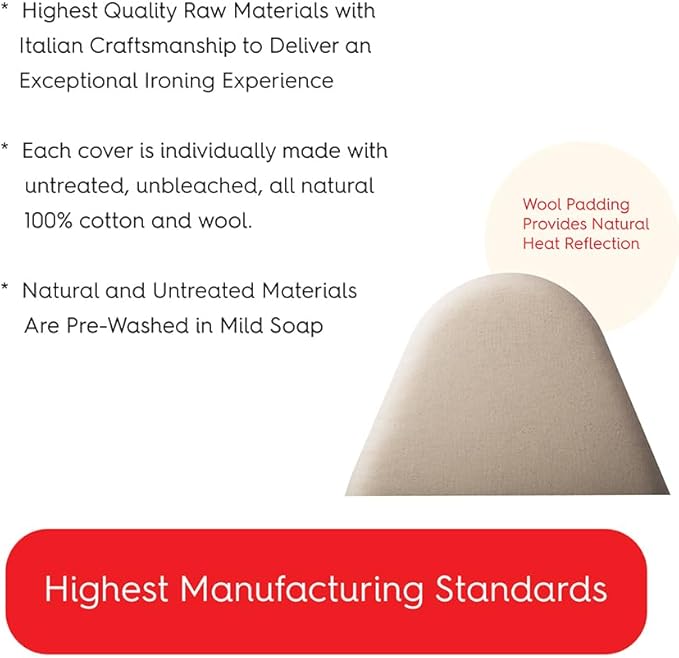 TIVIT Ironing Board Cover 16 x 55 Standard Chemical Free Eco-Friendly Padded Covers - Unbleached, Untreated Natural Cotton & Wool Pad - 2 Layer, 3 Fastener Straps, Pull Bungee Cord - Made in Italy