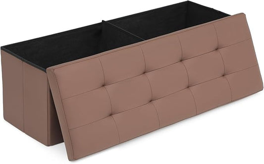 Athena Collection 43" Storage Ottoman Bench Folding Bench with 130L Hidden Storage, Large End of Bed Bench PU Leather Foot Rest Stool Chest with Flipping Lid for Living Room, Bedroom, Entryway, Brown