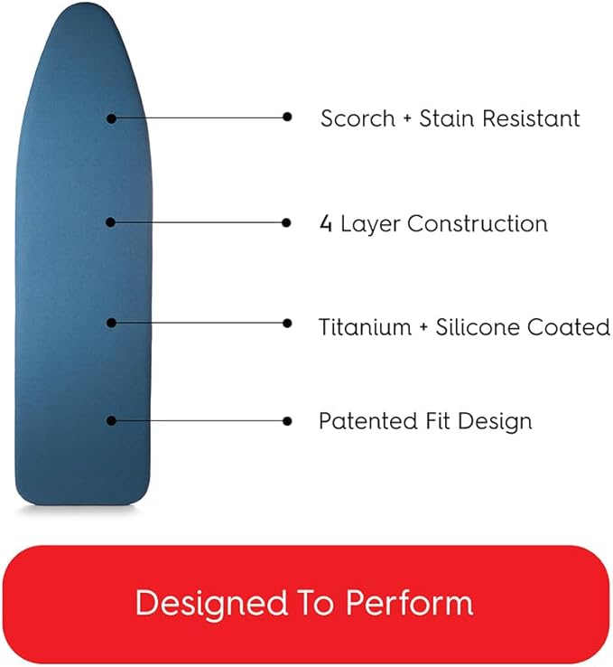 TIVIT Ironing Board Cover 13 x 45, Performance Grade Titanium Coated Pro Grip Pad & Covers - Superior Scorch & Stain Resistance, High Heat Reflection, 3 Padded Layers 3 Fastener Straps - Made In Italy