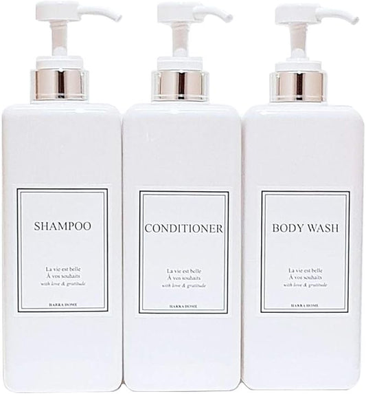Modern Design Large 27 oz Shampoo and Conditioner Dispensers - Empty Plastic Refillable Pump Bottle Set for Bathroom Shower Soap Dispenser, Set of 3 (White & Silver)