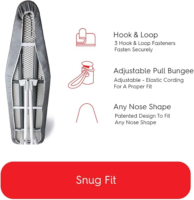 TIVIT Ironing Board Cover 18 x 50, Made in Italy. Pro Grip Pad Covers w/3 Fastener Straps & Pull Bungee Cord - Durable Scorch & Stain Resistant Padded Layers, Heat Reflective AlumiTek PRO Top Coat