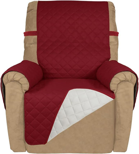PureFit Reversible Quilted Sofa Cover, Water Resistant Slipcover Furniture Protector, Washable Couch Cover with Non Slip and Elastic Straps for Kids, Dogs, Pets (Small Recliner, Red/Ivory)