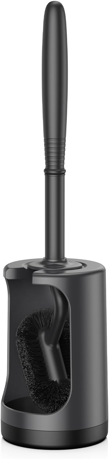 HAMITOR Toilet Bowl Brush Holder Set: Curved Design with Holder for Deep Cleaning Under Rim - Compact Hidden Scrubber for Small Space - Modern RV Bathroom Accessories - Black