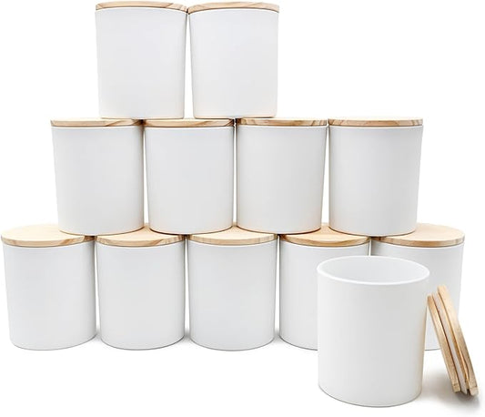 SHOWIN 14 OZ Thick Candle Jars for Making Candles 12 Pcs, 3 Wick Empty Jars with Wood Lids for Candle Making, Sample Container,Matte White