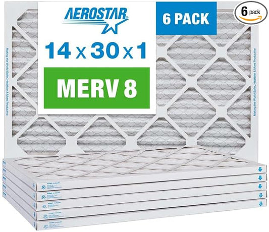 Aerostar 14x30x1 MERV 8 Pleated Air Filter, AC Furnace Air Filter, 6 Pack (Actual Size: 13 7/8" x 29 7/8" x 3/4")