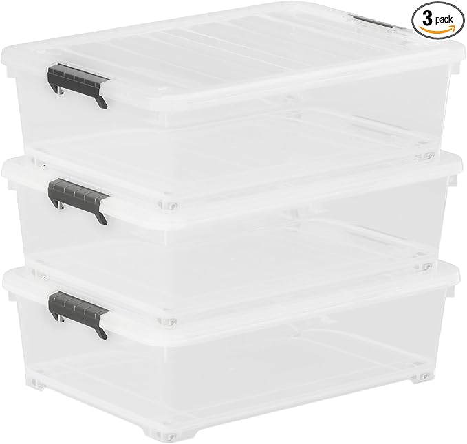 25 Quart Clear Plastic Latch Storage Box with Wheels, Under Bed Storage Box, 3 Pack