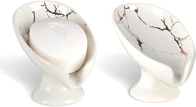 Soap Dish Set, Self Draining Bar Soap Holder for Bathroom Sink, Leaf Shaped Drainage Ceramic White Marble Porcelain Soap Dishes, Kitchen Decorative Soap Dish 2PACK, ANTIS'S HOME