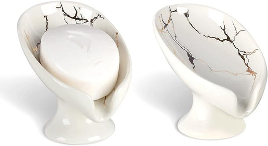 Soap Dish Set, Self Draining Bar Soap Holder for Bathroom Sink, Leaf Shaped Drainage Ceramic White Marble Porcelain Soap Dishes, Kitchen Decorative Soap Dish 2PACK, ANTIS'S HOME