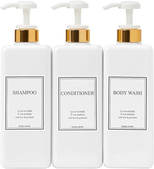 Modern Gold Design Large 27 oz Shampoo and Conditioner Dispensers - Empty Plastic Refillable Pump Bottle Set for Bathroom Shower Soap Dispenser, Set of 3 (White)