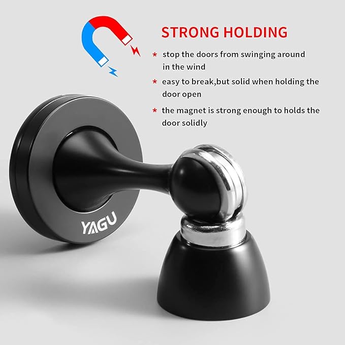 YAGU Door Stopper 4 Pack Magnetic Door Stops, Zinc Alloy Matte Black Door Catch Door Holder Wall Floor Mounted, Metal Soft-Catch
