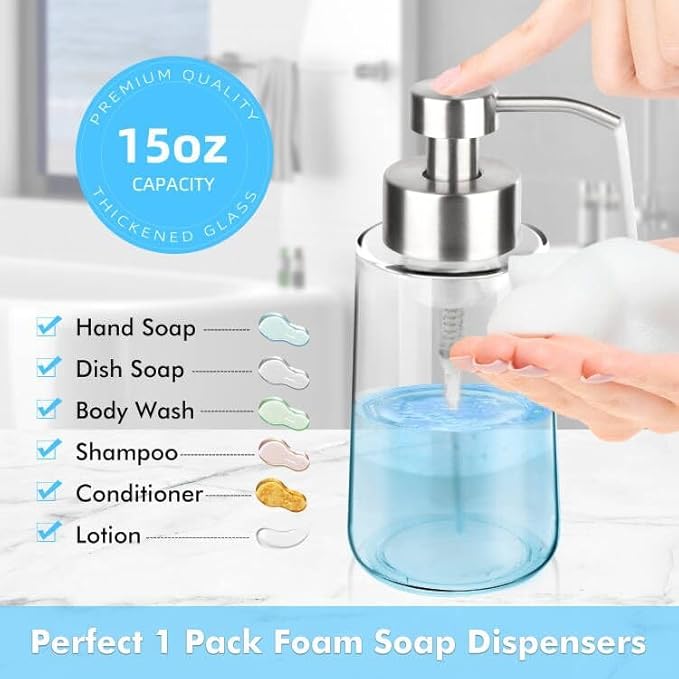 Thick Glass Soap Dispenser with Rust Proof Stainless Steel Pump, Clear Foam Soap Dispenser with Wide Opening for Kitchen and Bathroom（15 Oz）