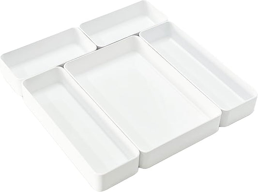 RAUVOLFIA Plastic Stackable Office Desk Drawer Organizers,Multi-size Trays,Small Makeup Vanity Storage Bins and Office Desk Drawer Dividers (White-5 Pack)