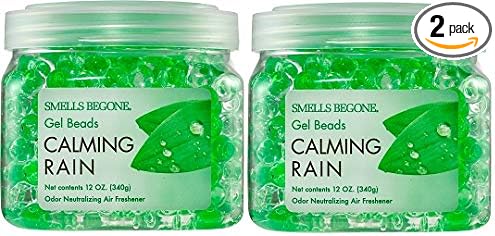 SMELLS BEGONE Odor Eliminator Gel Beads - 12 oz, Pack of 2 - Eliminates Odor in Bathrooms, Cars, Boats, RVs & Pet Areas - Air Freshener - Made with Essential Oils - Calming Rain Scent