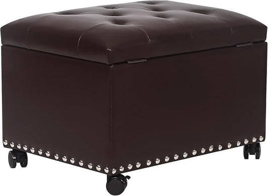Leather Storage Ottoman Bench with Steerable Rolling Wheels, Rectangle 24 Inch Foot Rest Ottomans Stool for Living Room Bedroom (Vintage Brown)