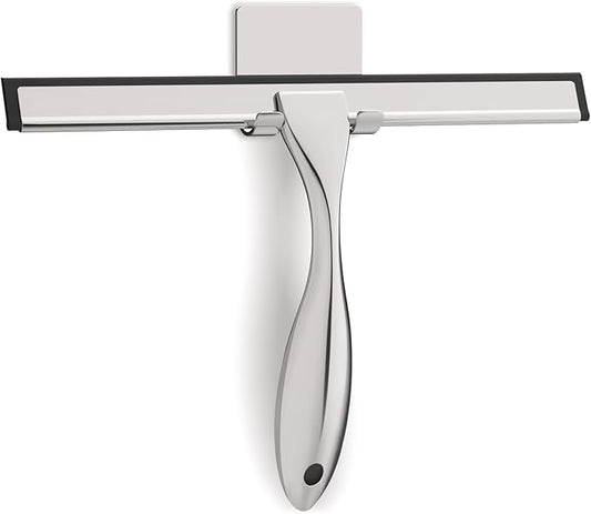 All-Purpose Stainless Steel Shower Squeegee for Glass Doors with Adhesive Hooks, Squeegee for Shower Glass, Bathroom Household Cleaner Tool for Window Mirror Tile Wall Car, 10 Inch Silver