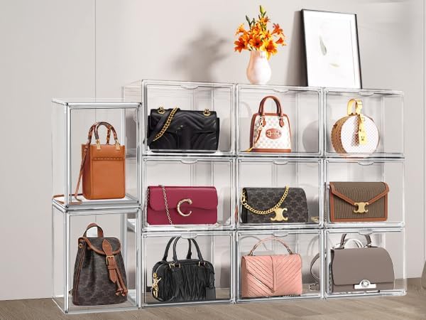 4Pack Clear Shoe Box Organizer, Acrylic Display Cases for Book Cosmetic Figures Collectibles Showcase, X-Large Bag Stackable Plastic Storage Bins with Magnetic Lid