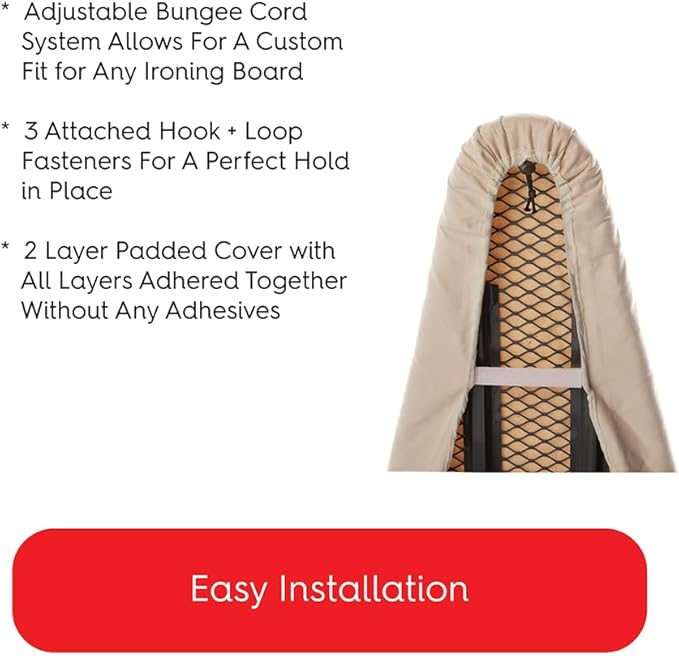 TIVIT Ironing Board Cover 16 x 55 Standard Chemical Free Eco-Friendly Padded Covers - Unbleached, Untreated Natural Cotton & Wool Pad - 2 Layer, 3 Fastener Straps, Pull Bungee Cord - Made in Italy