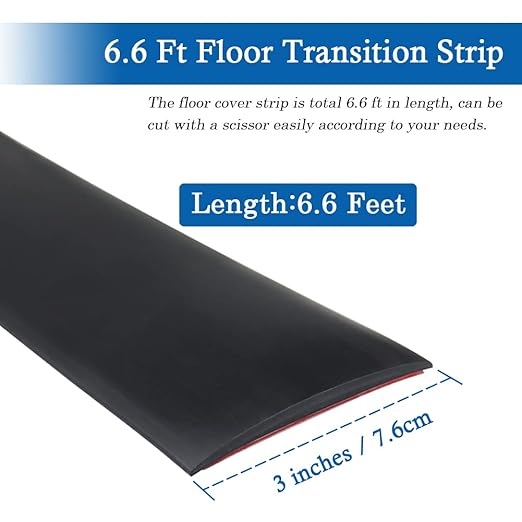 Floor Transition Strip Self Adhesive Floor Cover Strips Laminate 3" Wide Vinyl Flat Divider Transitions (7.5cm, 6.56Ft, Black)