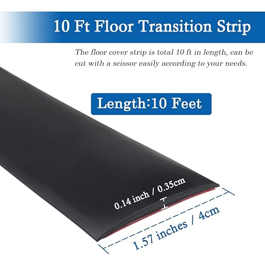 Floor Transition Strip Self Adhesive Floor Cover Strips Laminate 1.57" Wide Vinyl Flat Divider Transitions (4cm, 10Ft, Black)