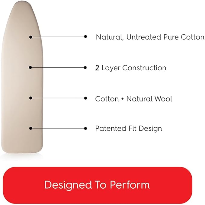 TIVIT Ironing Board Cover 18 x 49 - Made in Italy - Wide Chemical Free Eco-Friendly Padded Covers - Unbleached, Untreated Natural Cotton & Wool Pad - 2 Layer, 3 Fastener Straps, Pull Bungee Cord