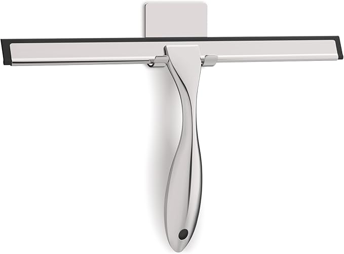 All-Purpose Stainless Steel Shower Squeegee for Glass Doors with Adhesive Hooks, Squeegee for Shower Glass, Bathroom Household Cleaner Tool for Window Mirror Tile Wall Car, 12 inch, Silver