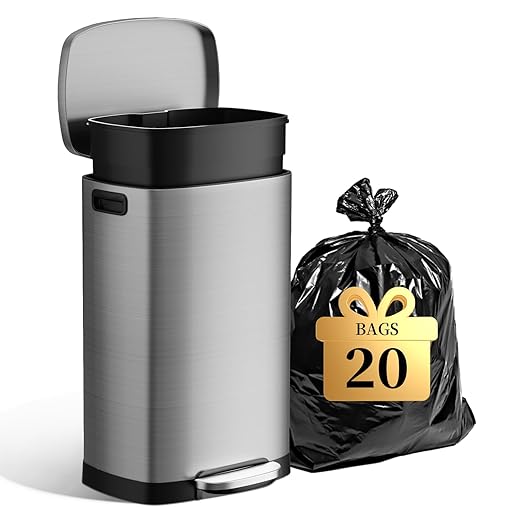 13 Gallon Trash Can with Lid, 50L Fingerprint Proof Stainless Steel Kitchen Trash Can with Removable Inner Bucket and Lid Soft Close, Pedal Rubbish Bin for Home Office（Silver）