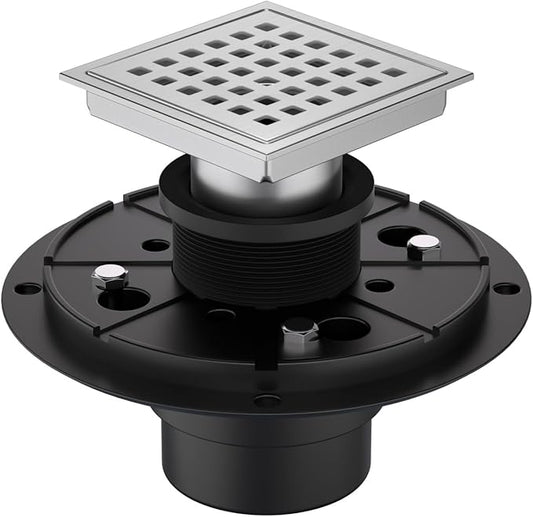 4-3/8 Inch Square Shower Floor Drain Brushed Stainless Steel Drain Kit with Flange, Removable Grid Cover, Hair Strainer