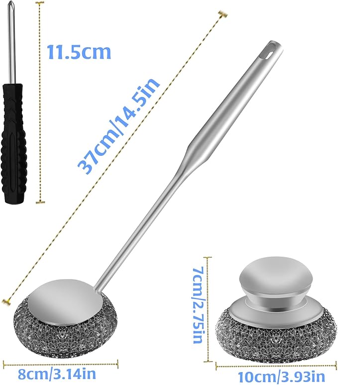 2Pcs Stainless Steel Wool Scrubber Sets, Dish Scrubber with Long Short Handle Stainless Steel Scrubber Cleaning Brush Metal Scrubber with Replacement, Steel Scrubber for Dishes Tableware Home Kitchen