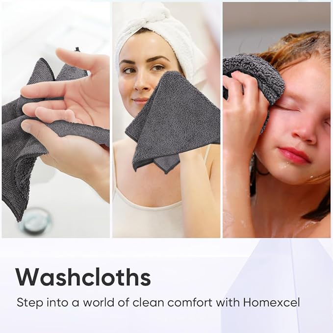 HOMEXCEL Microfiber Washcloths 50 Pack, Highly Absorbent and Soft Face Towel, Multi-Purpose Wash Cloths for Bathroom, Gym, Hotel, Spa and Kitchen, Multicolor 12x12 Inch, Grey