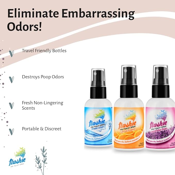 Flushie Pre-Toilet Spray Travel Size Toiletries Bathroom Spray for Toilet Deodorizer - Poop Odor Eliminator 4oz (Assorted Mix, 3 Pack)