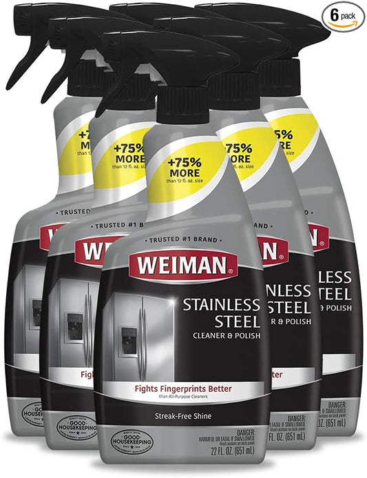 Weiman Stainless Steel Cleaner and Polish - Protects Appliances from Fingerprints and Leaves a Streak-Free Shine for Refrigerator, Dishwasher, Oven, Grill, 22 oz, 6 Pack