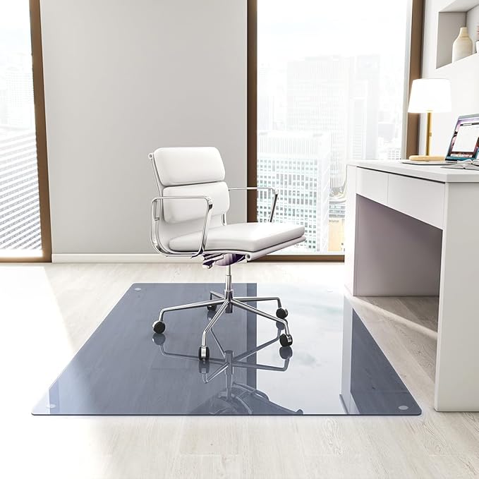 Tempered Glass Floor Mat for Office Chair, 36" x 46" Heavy Duty Hard Office Chair Mat, for Carpeted or Hard Floor, with 4 Anti-Slip Pads, Grey