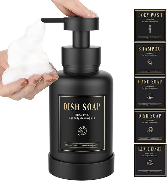 Luxspire Foaming Soap Dispenser, Glass Foam Pump Soap Dispenser, Non-Slip Hand Soap Dispenser with 5 Waterproof Labels, 15 Oz Refillable Liquid Soap Dispenser for Bathroom & Kitchen, Black, 1 Pack