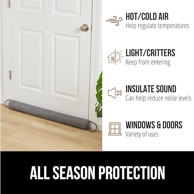 GORILLA GRIP Door Draft Stopper for Bottom of Doors, Weather Stripping Seal Blocks Hot Air, Noise, Bugs, Keeps Cold AC in, Sound Proofing Easy Install Gap Filler, Home Essentials, 34 Inch 2 Pack, Gray
