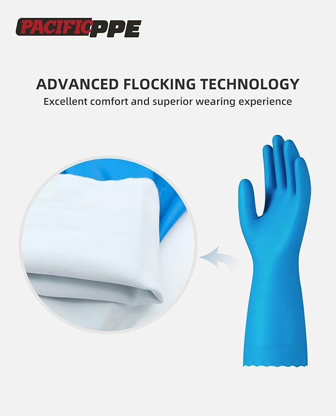 PACIFIC Cleaning Gloves with Latex free, Dishwashing Kitchen Gloves with Cotton Flocked Liner, Reusable, Non-Slip, Water Resistant Household Gloves, Blue, Large